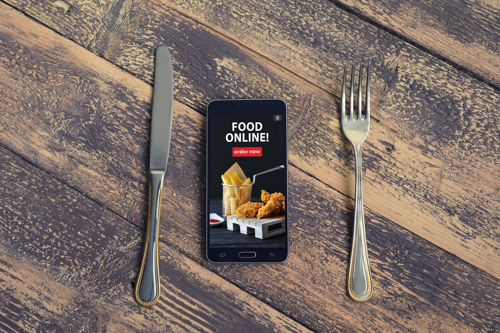 Mobile phone with order food online word on screen. Online food marketing concept. Blogging concept.